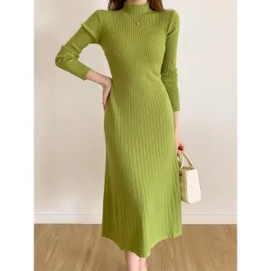 A line Long Sleeve Knitted Mid-calf Fashion Dress