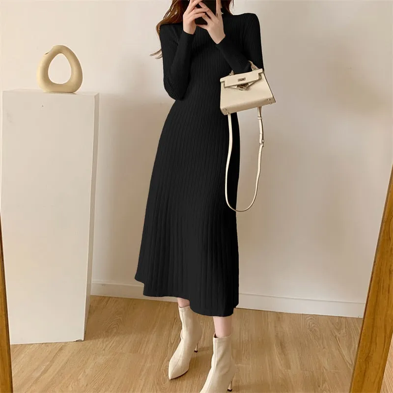 A line Long Sleeve Knitted Mid-calf Fashion Dress