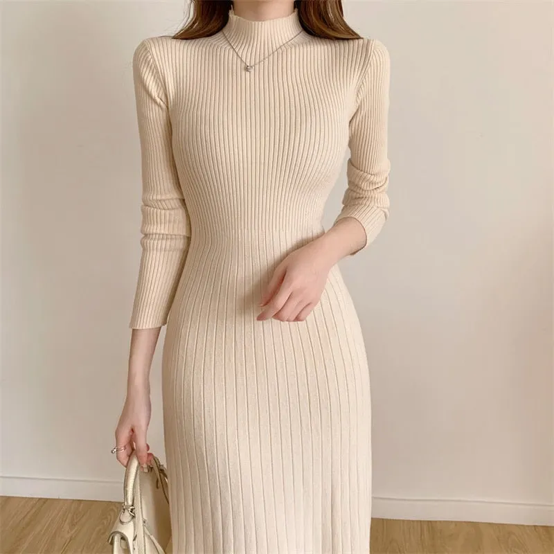 A line Long Sleeve Knitted Mid-calf Fashion Dress