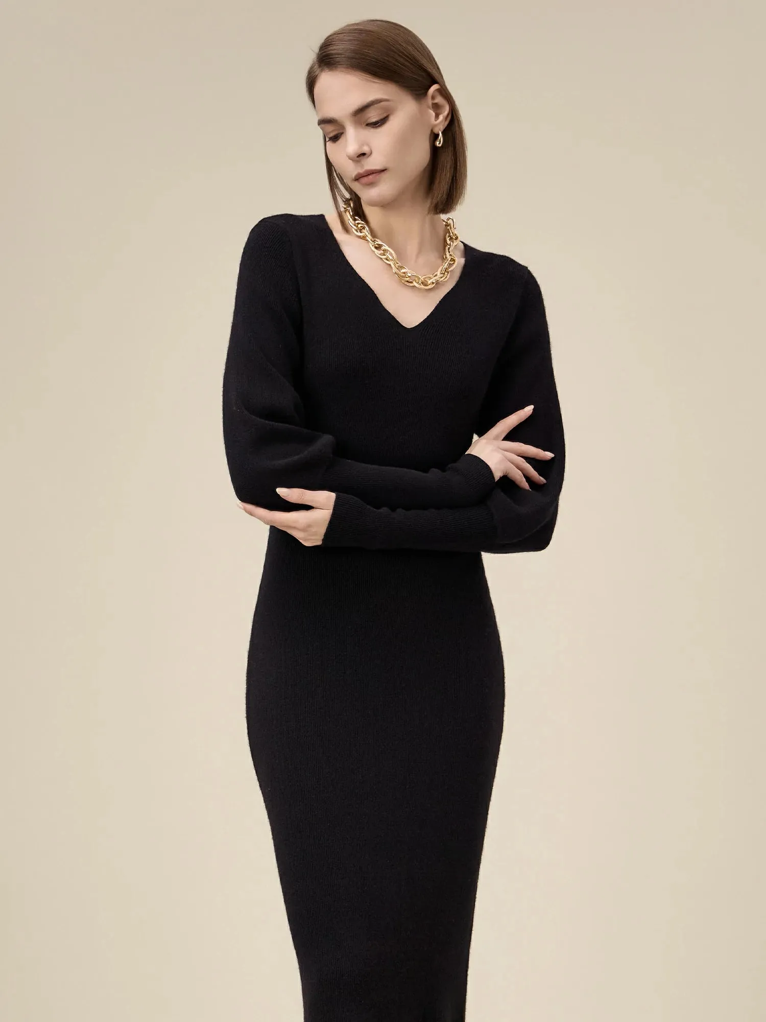 Amoretu Women's 100% Wool V-Neck Knitted Dress