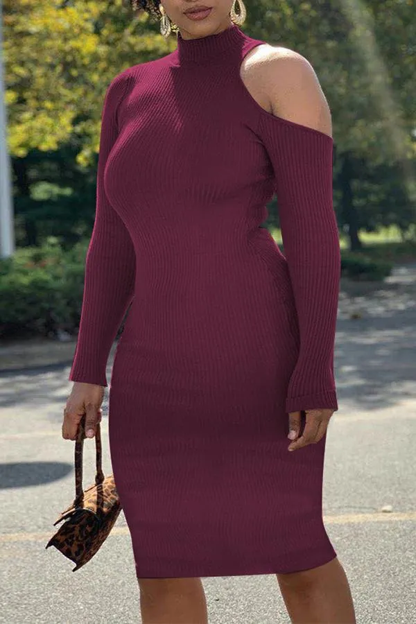 Asymmetrical Hollow Long-sleeved Elegant Knitted Dress