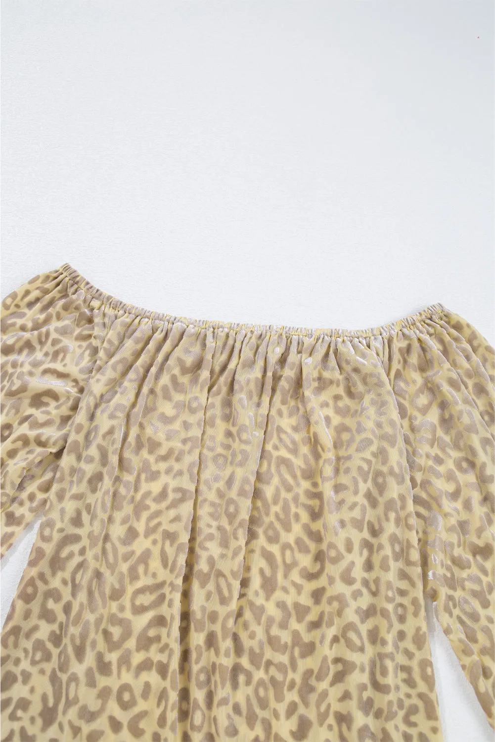 Beige Leopard Velvet Burnout Off Shoulder Long Sleeve Blouse