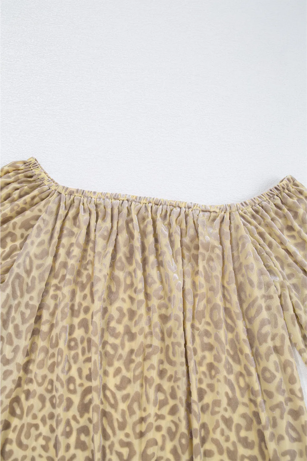 Beige Leopard Velvet Burnout Off Shoulder Long Sleeve Blouse