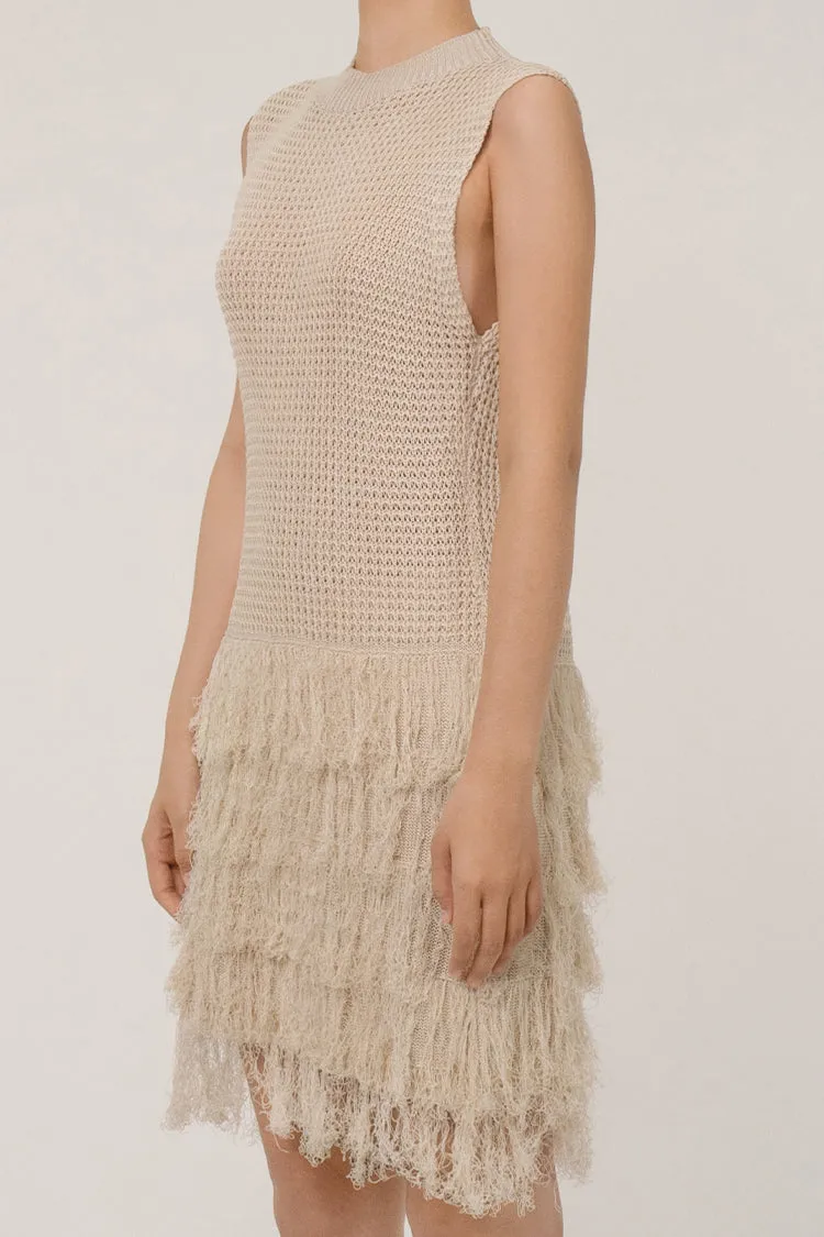 Boho Chic Crew Neck Tiered Fringe Crochet Knit Summer Mini Sundress