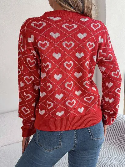 Charming Heart Print V-Neck Knit Sweater