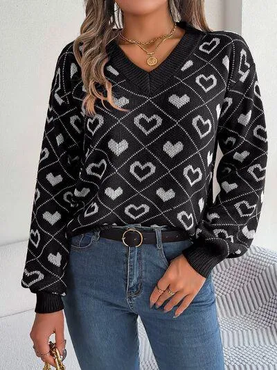 Charming Heart Print V-Neck Knit Sweater