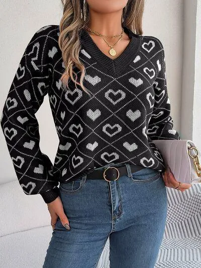 Charming Heart Print V-Neck Knit Sweater