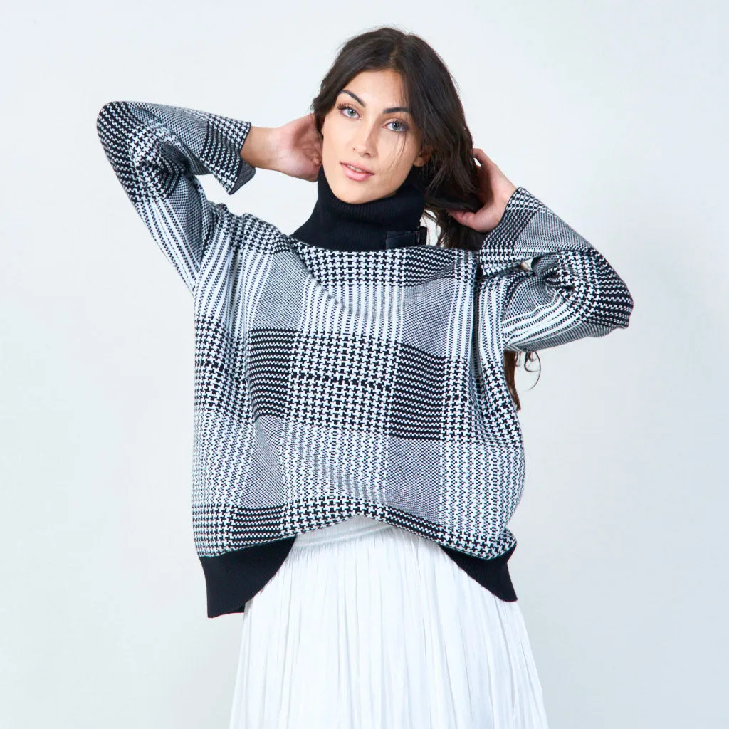 Checkered turtleneck sweater with buckle detail wholesale