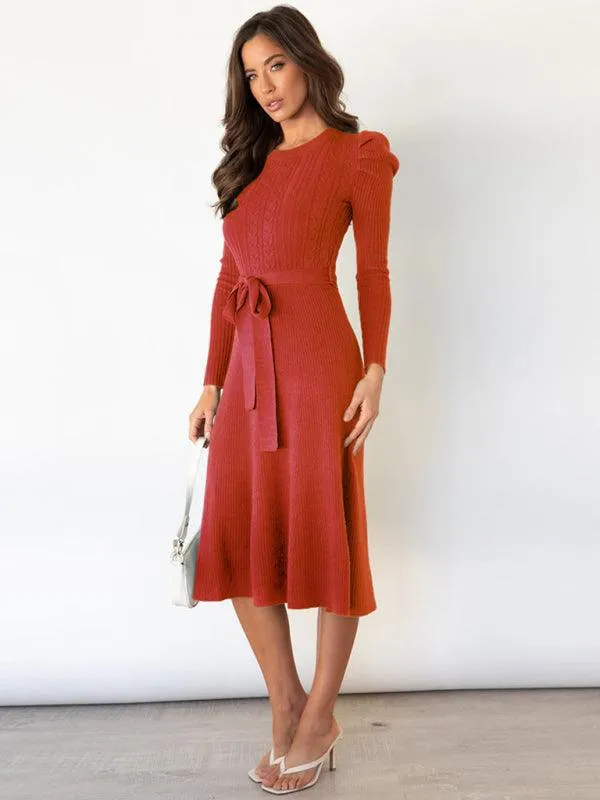 Elegant Belted Cable Knit Sweater Dress - Women's Chic Fashion