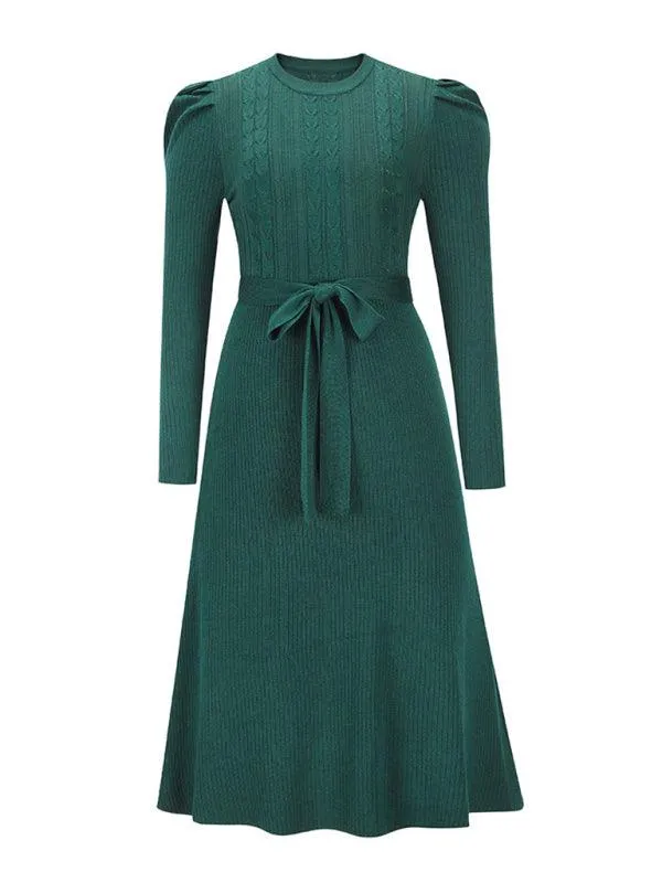 Elegant Belted Cable Knit Sweater Dress - Women's Chic Fashion