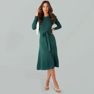 Elegant Belted Cable Knit Sweater Dress - Women's Chic Fashion