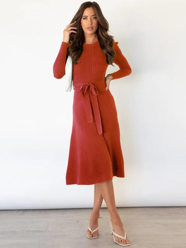 Elegant Belted Cable Knit Sweater Dress - Women's Chic Fashion