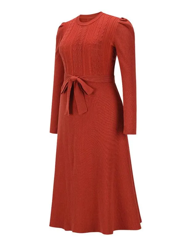 Elegant Belted Cable Knit Sweater Dress - Women's Chic Fashion