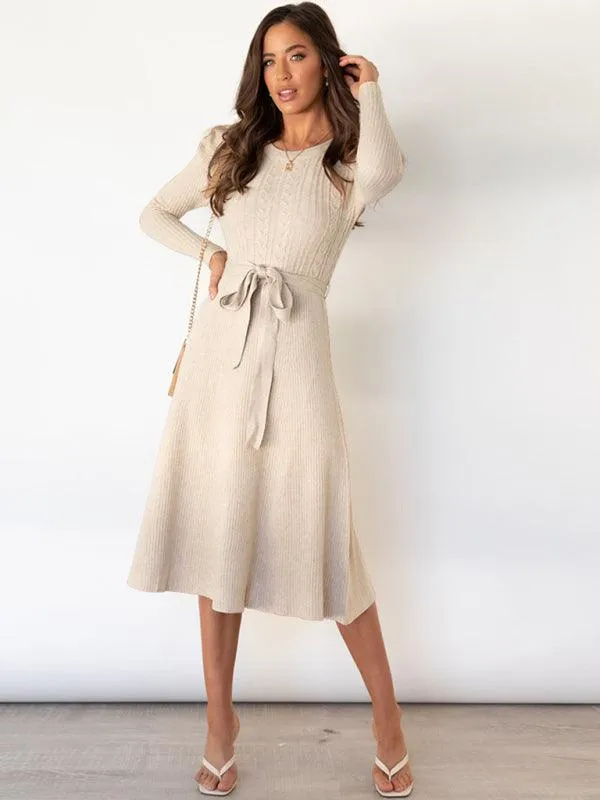 Elegant Belted Cable Knit Sweater Dress - Women's Chic Fashion