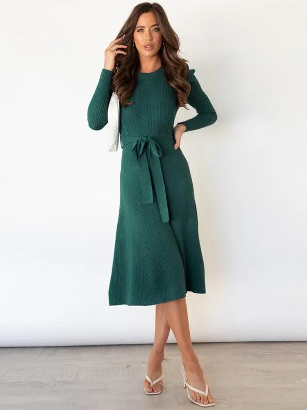 Elegant Belted Cable Knit Sweater Dress - Women's Chic Fashion