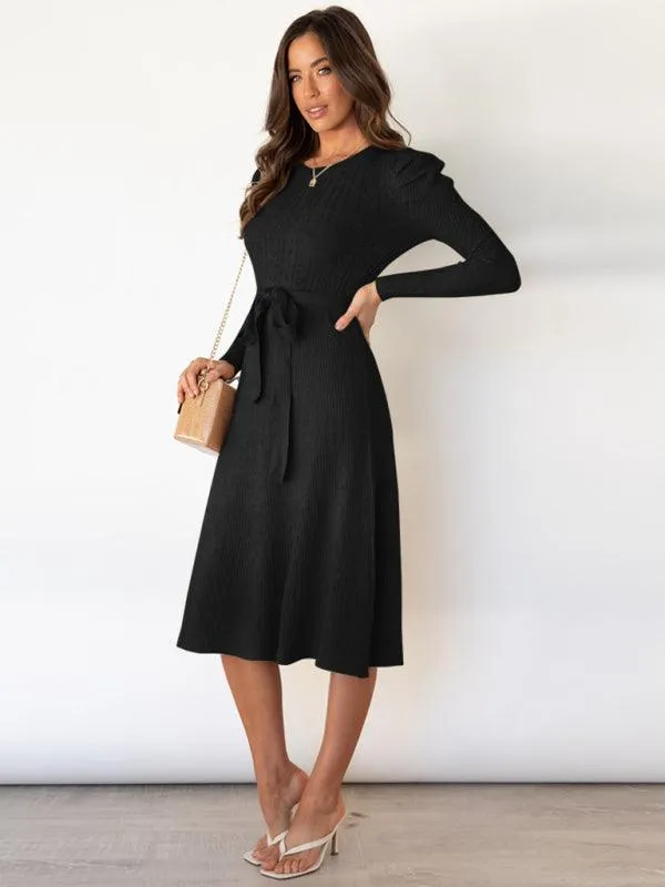 Elegant Belted Cable Knit Sweater Dress - Women's Chic Fashion