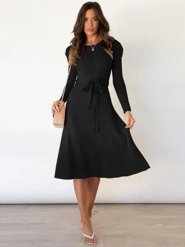 Elegant Belted Cable Knit Sweater Dress - Women's Chic Fashion