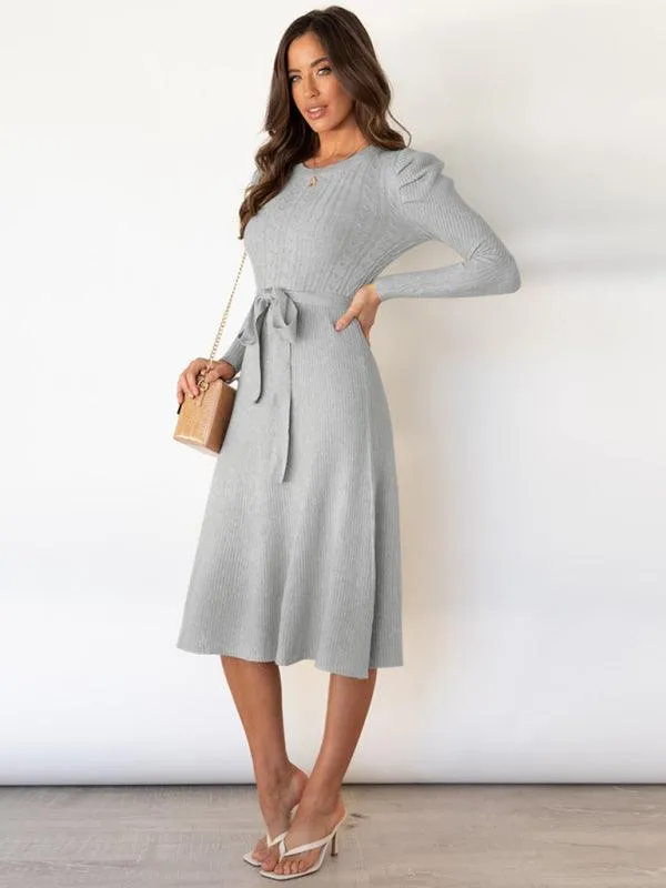 Elegant Belted Cable Knit Sweater Dress - Women's Chic Fashion