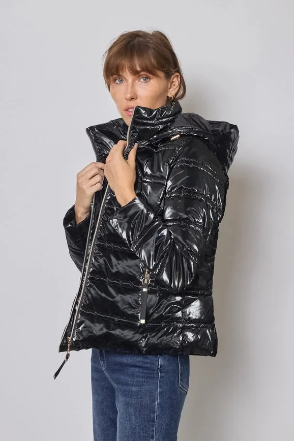 Light and Shiny Down Jacket with hood BLACK