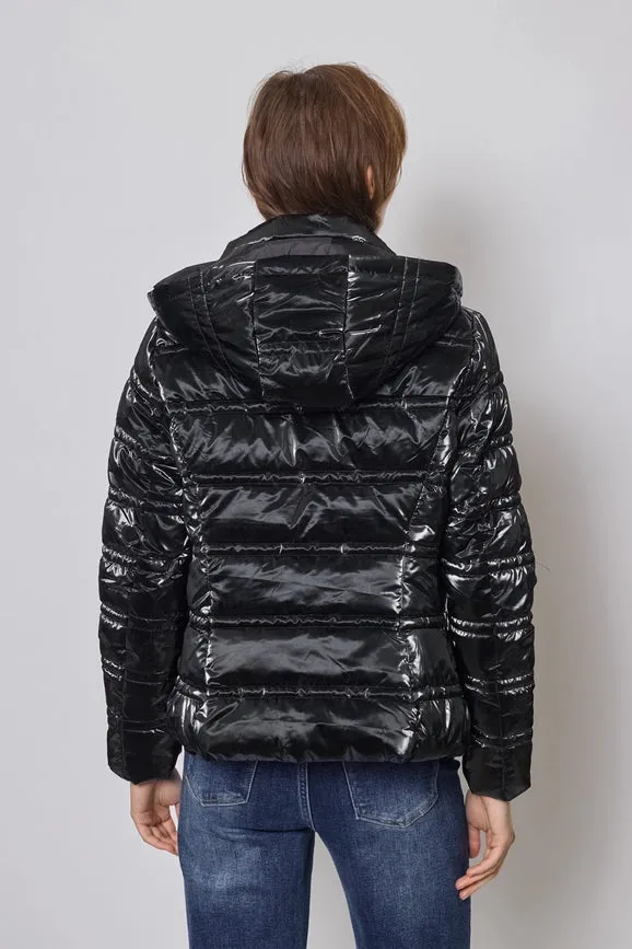 Light and Shiny Down Jacket with hood BLACK