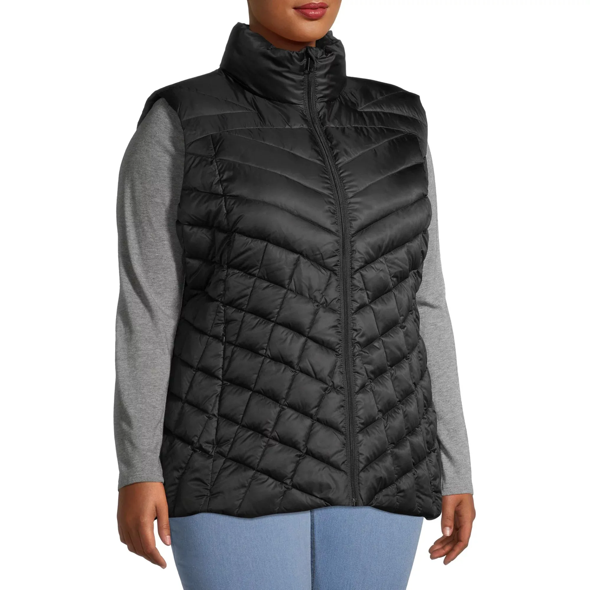 Plus Down Blend Chevron Quilted Puffer Vest Black