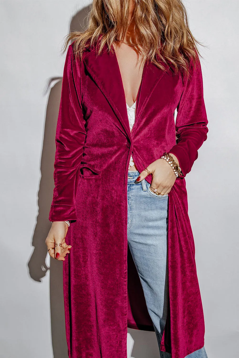 Retro Velvet Long Sleeve Pocket Coat