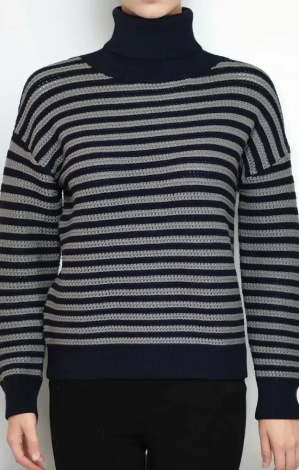 Short Texture Striped T-Neck Pullover