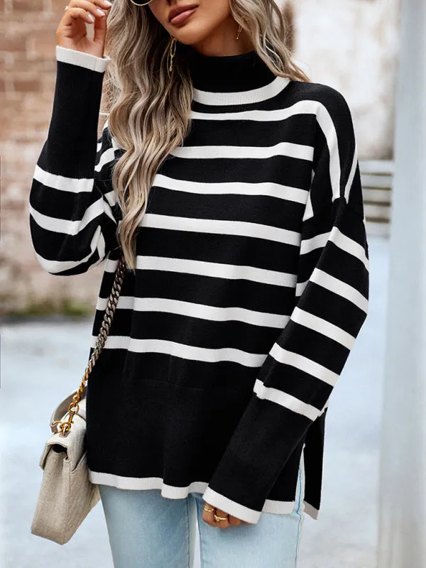 Slouchy Striped Drop Shoulder Turtleneck Sweater