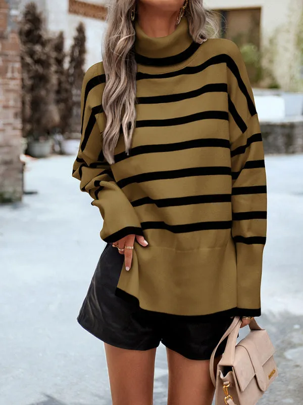 Slouchy Striped Drop Shoulder Turtleneck Sweater