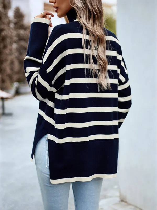 Slouchy Striped Drop Shoulder Turtleneck Sweater