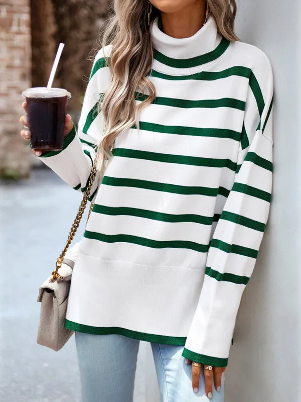 Slouchy Striped Drop Shoulder Turtleneck Sweater