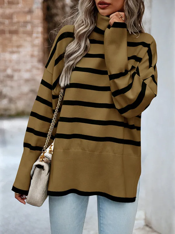 Slouchy Striped Drop Shoulder Turtleneck Sweater