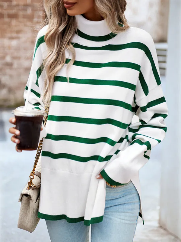 Slouchy Striped Drop Shoulder Turtleneck Sweater