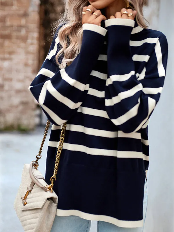 Slouchy Striped Drop Shoulder Turtleneck Sweater