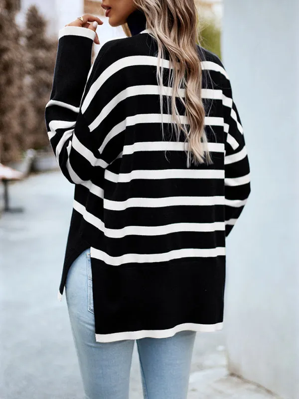 Slouchy Striped Drop Shoulder Turtleneck Sweater