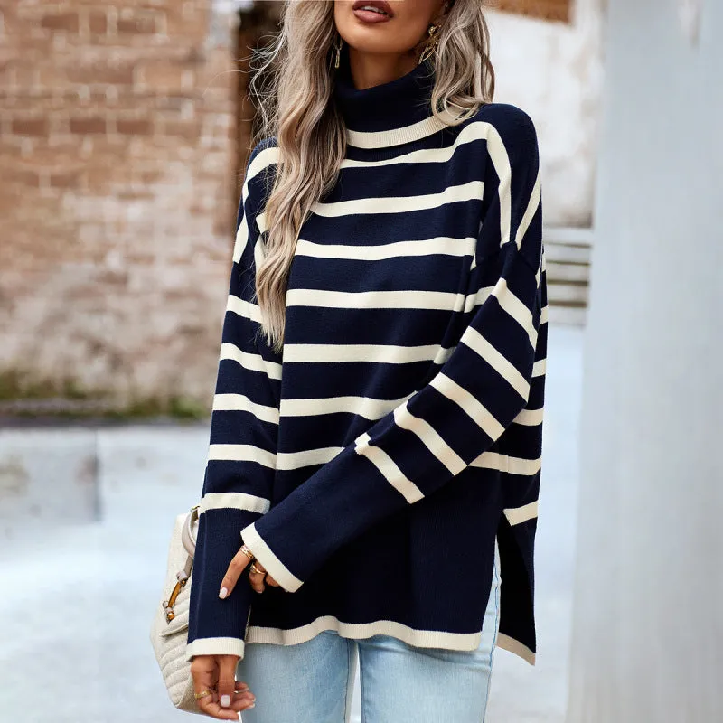 Slouchy Striped Drop Shoulder Turtleneck Sweater