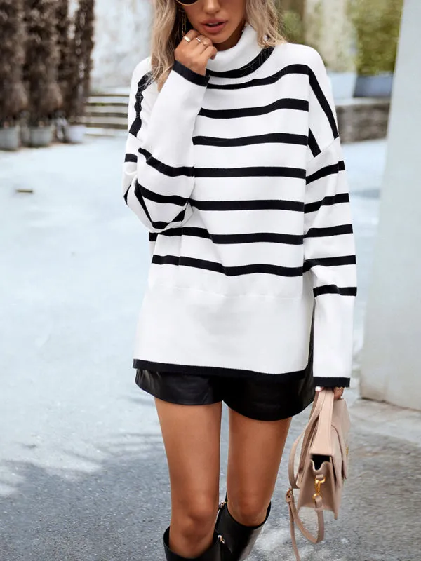 Slouchy Striped Drop Shoulder Turtleneck Sweater