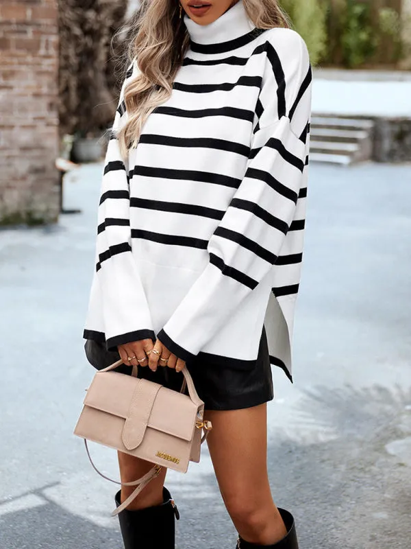 Slouchy Striped Drop Shoulder Turtleneck Sweater