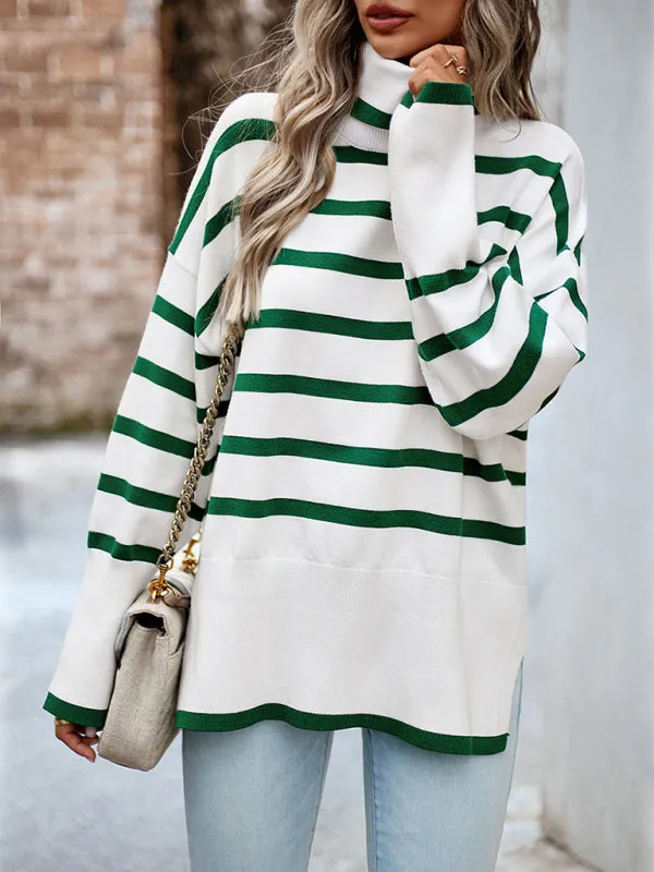 Slouchy Striped Drop Shoulder Turtleneck Sweater