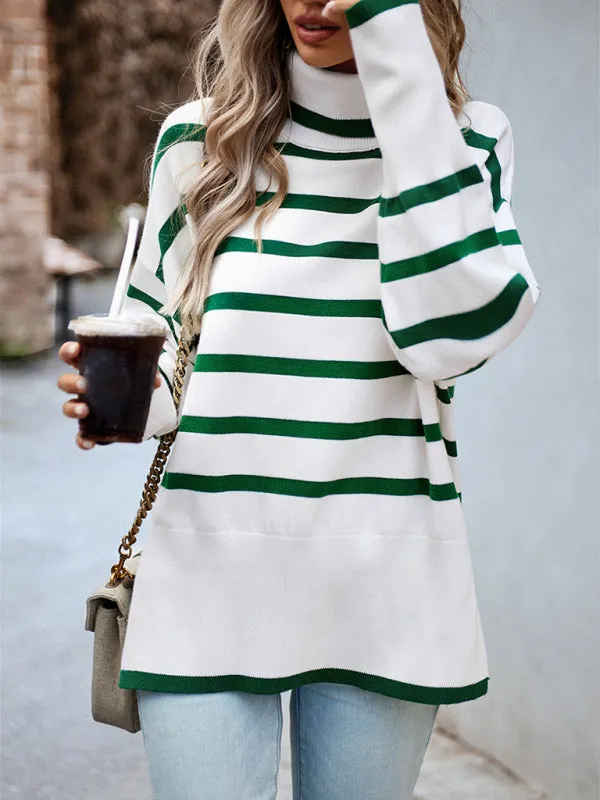 Slouchy Striped Drop Shoulder Turtleneck Sweater