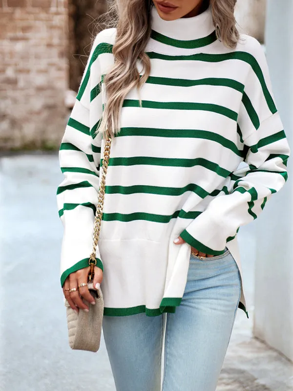 Slouchy Striped Drop Shoulder Turtleneck Sweater