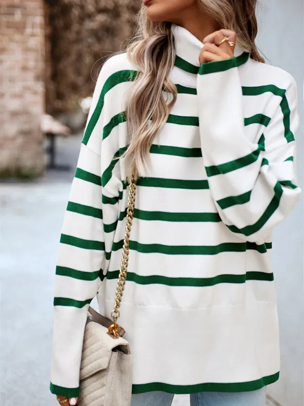 Slouchy Striped Drop Shoulder Turtleneck Sweater