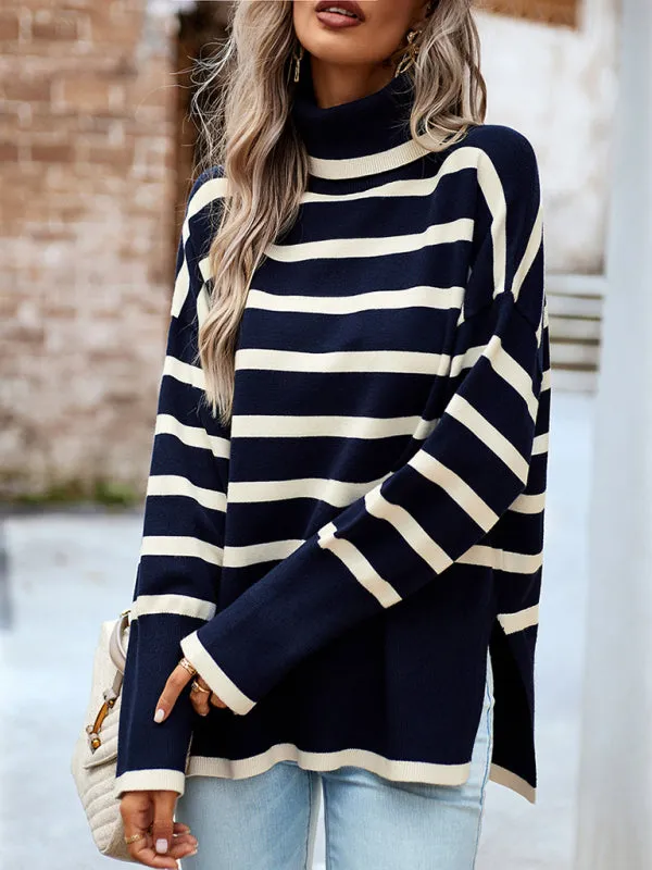 Slouchy Striped Drop Shoulder Turtleneck Sweater