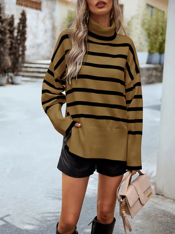 Slouchy Striped Drop Shoulder Turtleneck Sweater