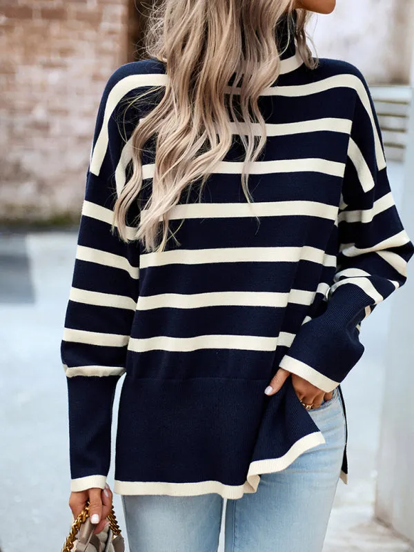 Slouchy Striped Drop Shoulder Turtleneck Sweater