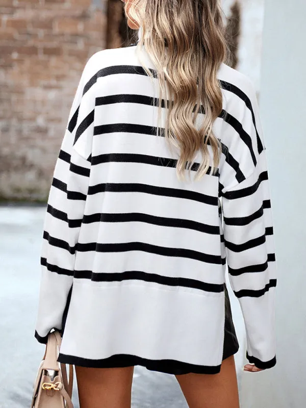 Slouchy Striped Drop Shoulder Turtleneck Sweater