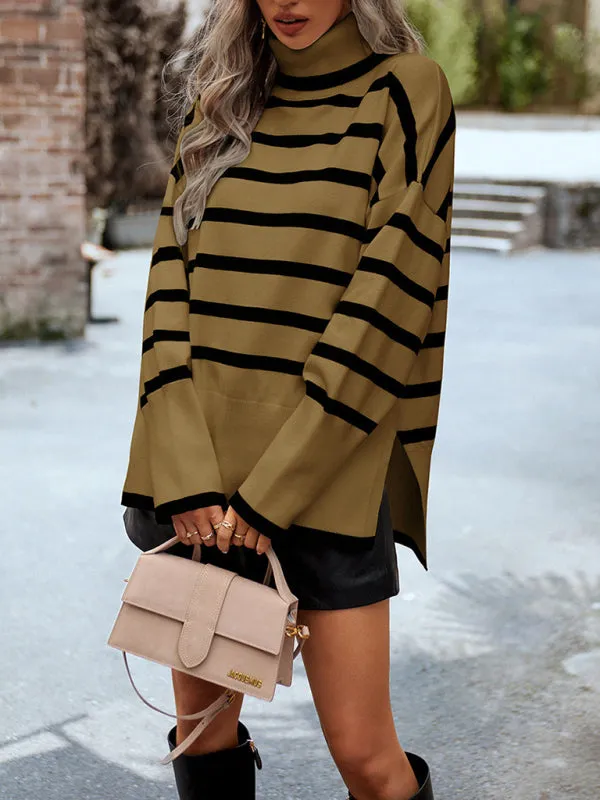 Slouchy Striped Drop Shoulder Turtleneck Sweater