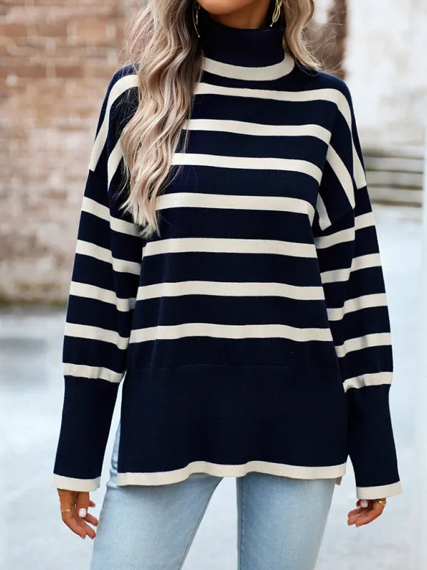 Slouchy Striped Drop Shoulder Turtleneck Sweater