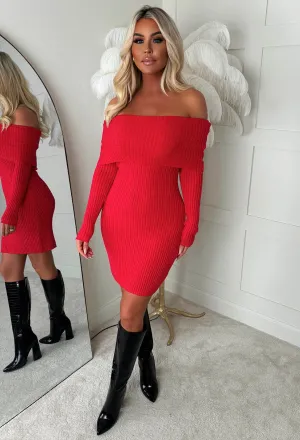 So Cosy Red Bardot Ultra Soft Knitted Dress