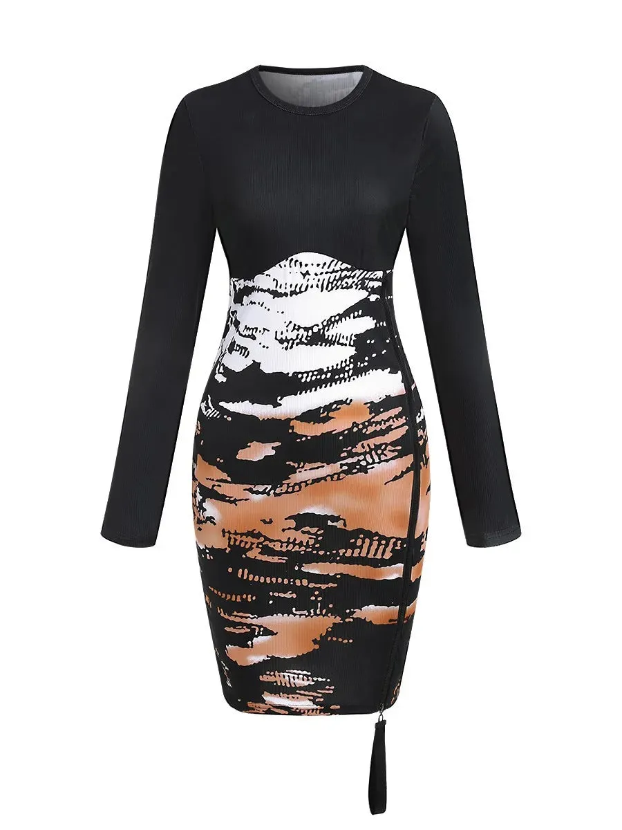 Trendy Tie-Dye Rib-Knitted Zipper Party Dress